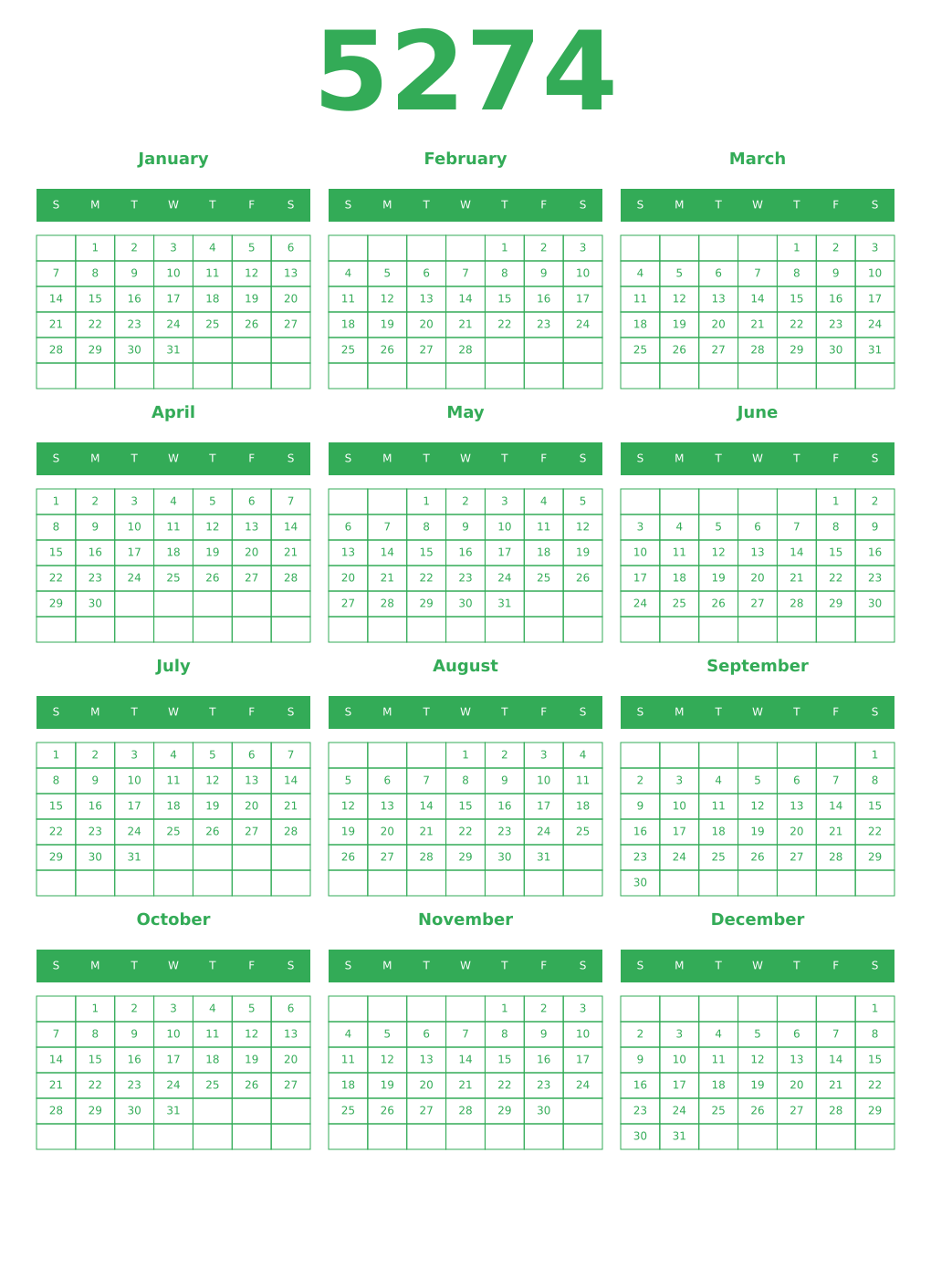 Printable 5274 Year Calendars green