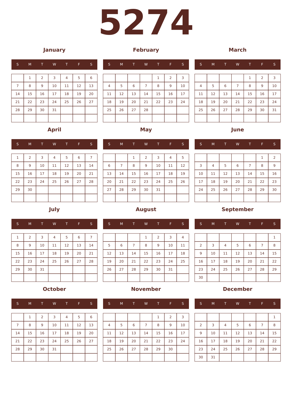 Printable 5274 Year Calendars mortuum
