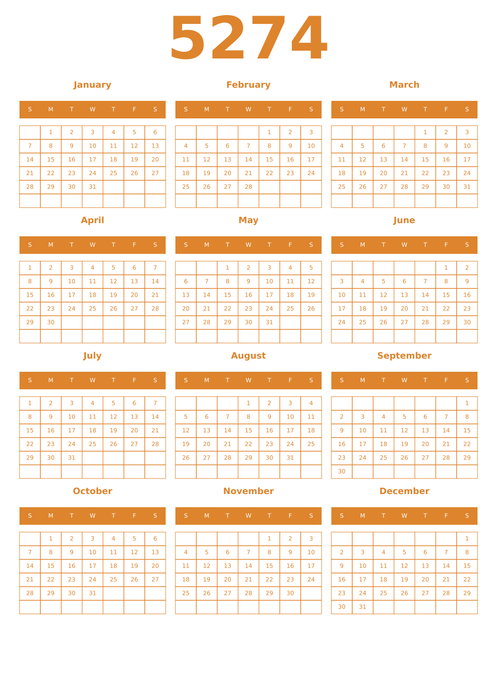Printable 5274 Year Calendars orange