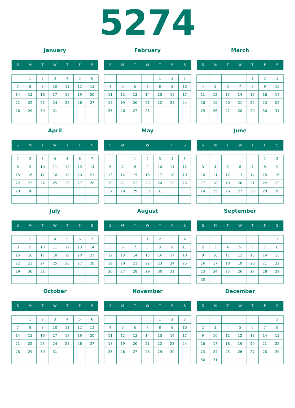 Printable 5274 Year Calendars pastel
