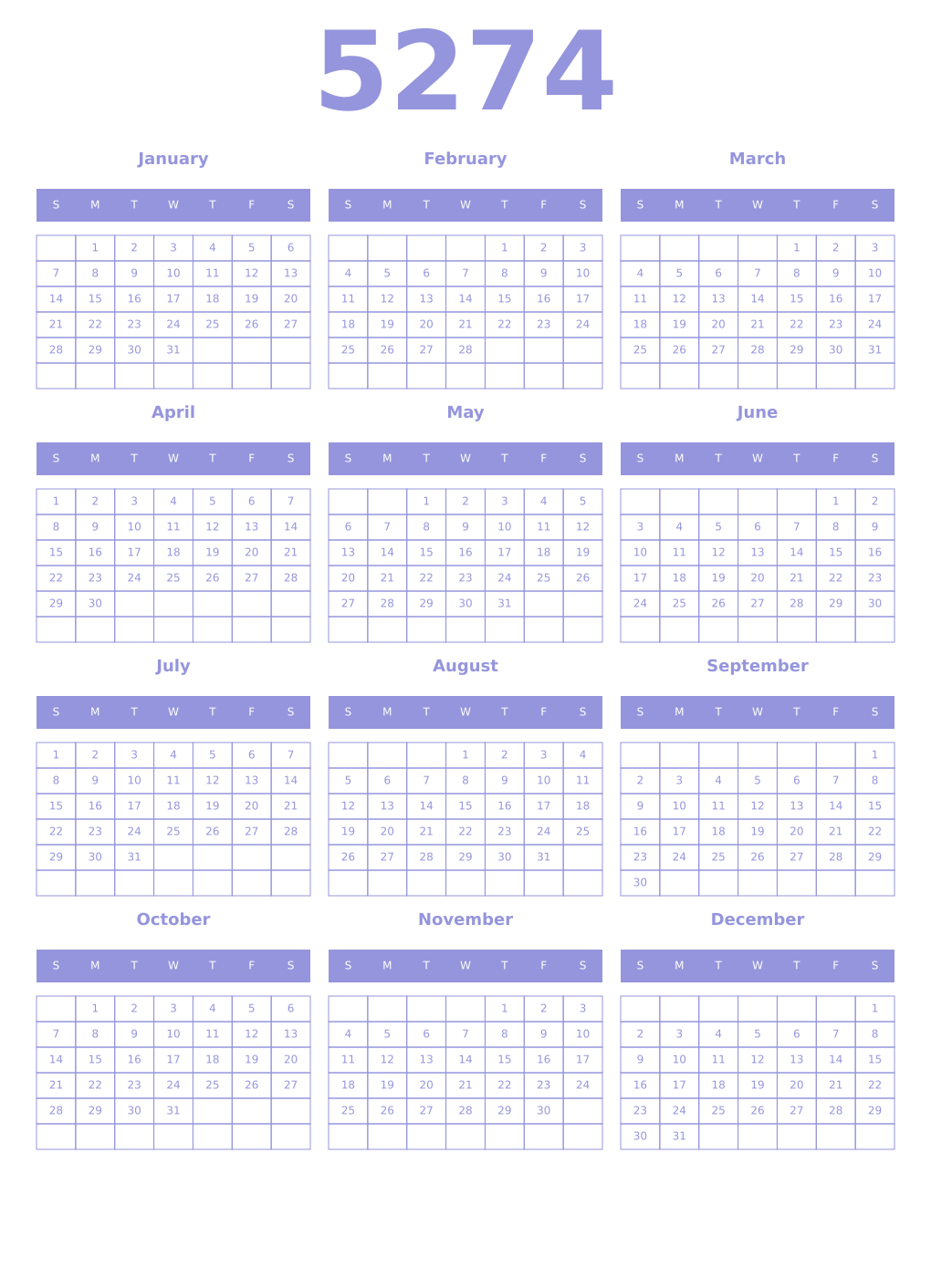 Printable 5274 Year Calendars periwinkle