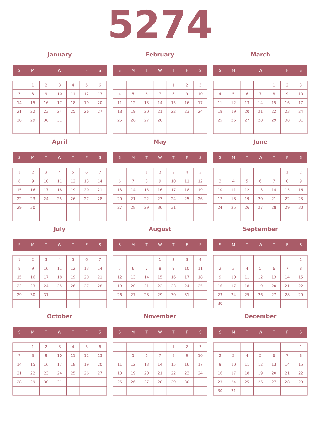 Printable 5274 Year Calendars puce