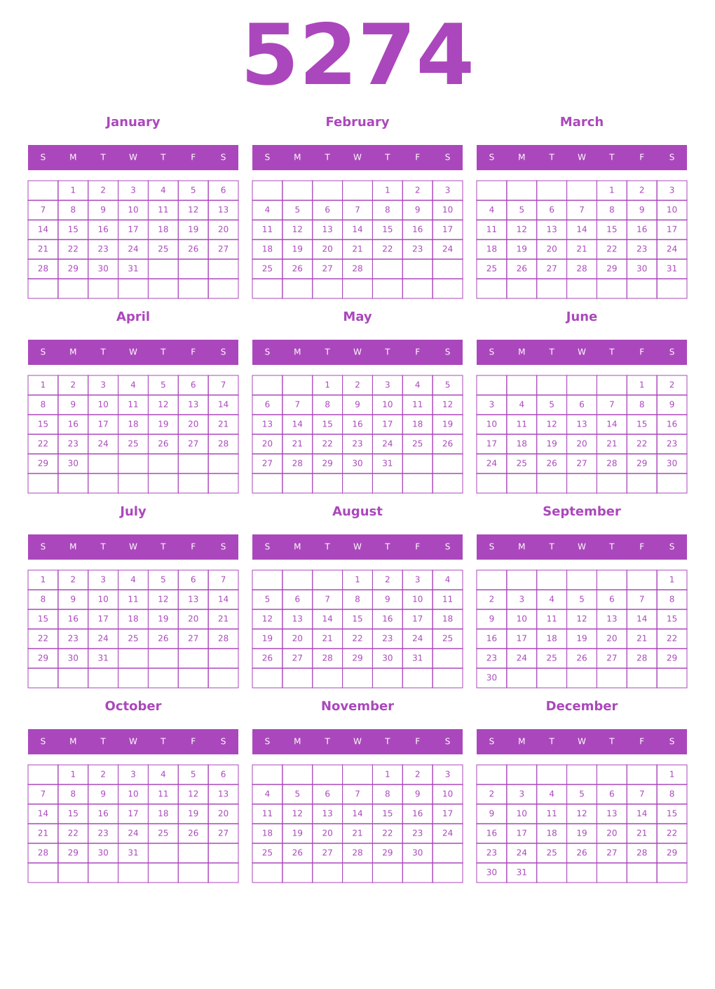 Printable 5274 Year Calendars purple