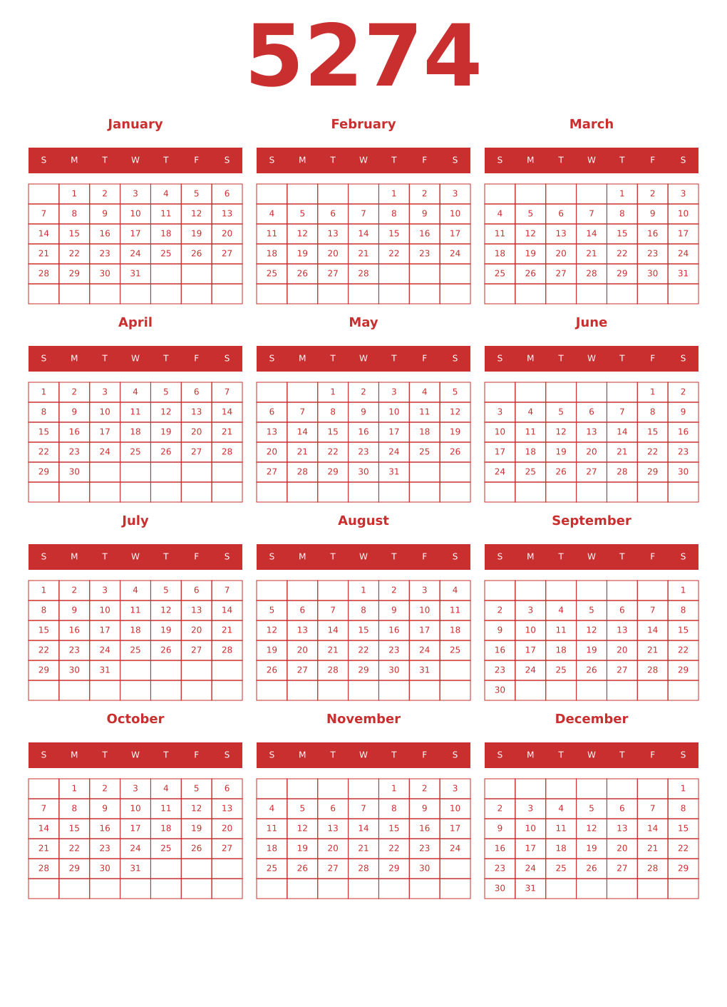 Printable 5274 Year Calendars red