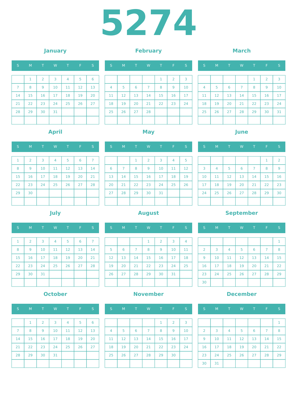 Printable 5274 Year Calendars verdigris