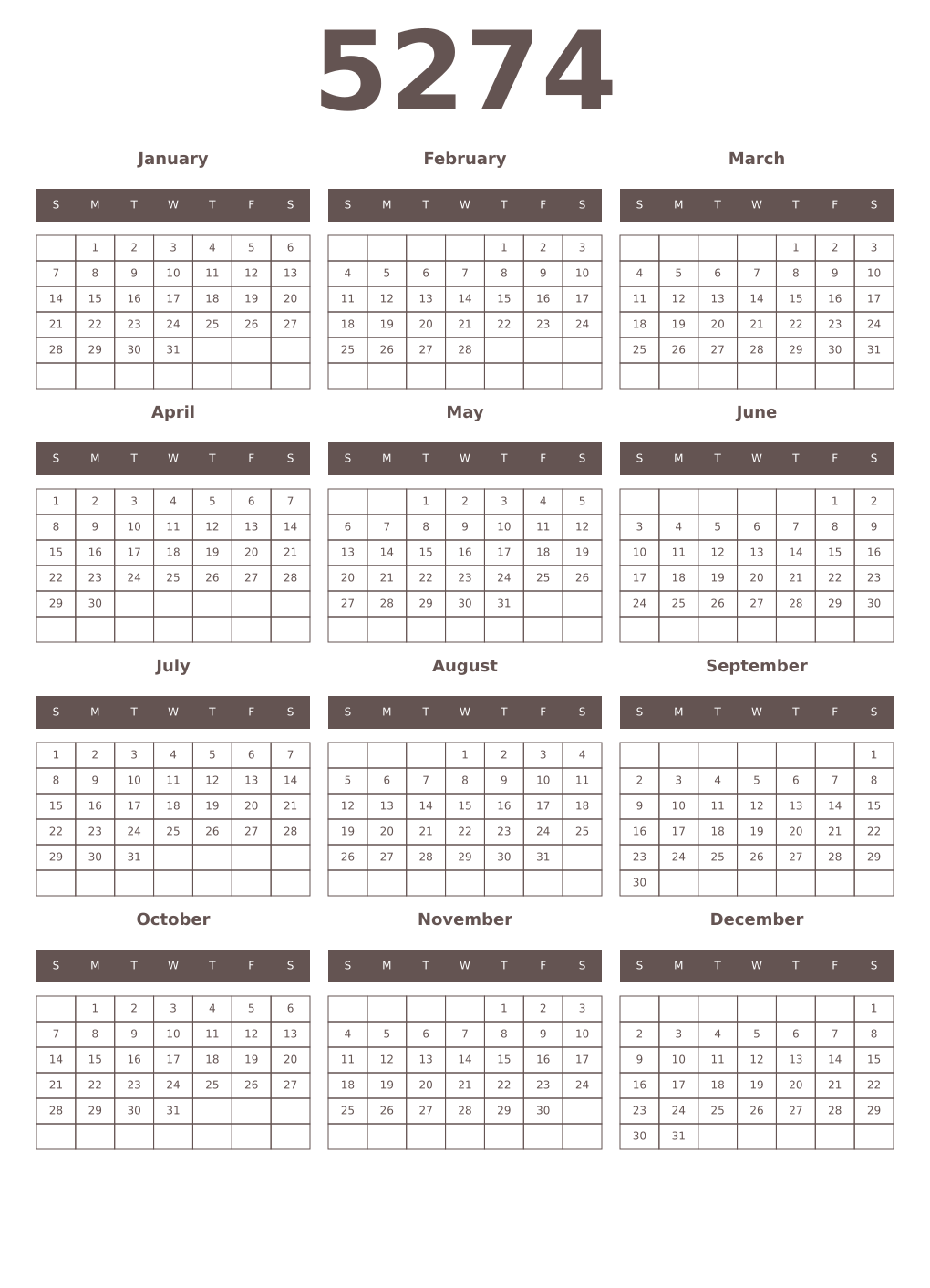 Printable 5274 Year Calendars wenge