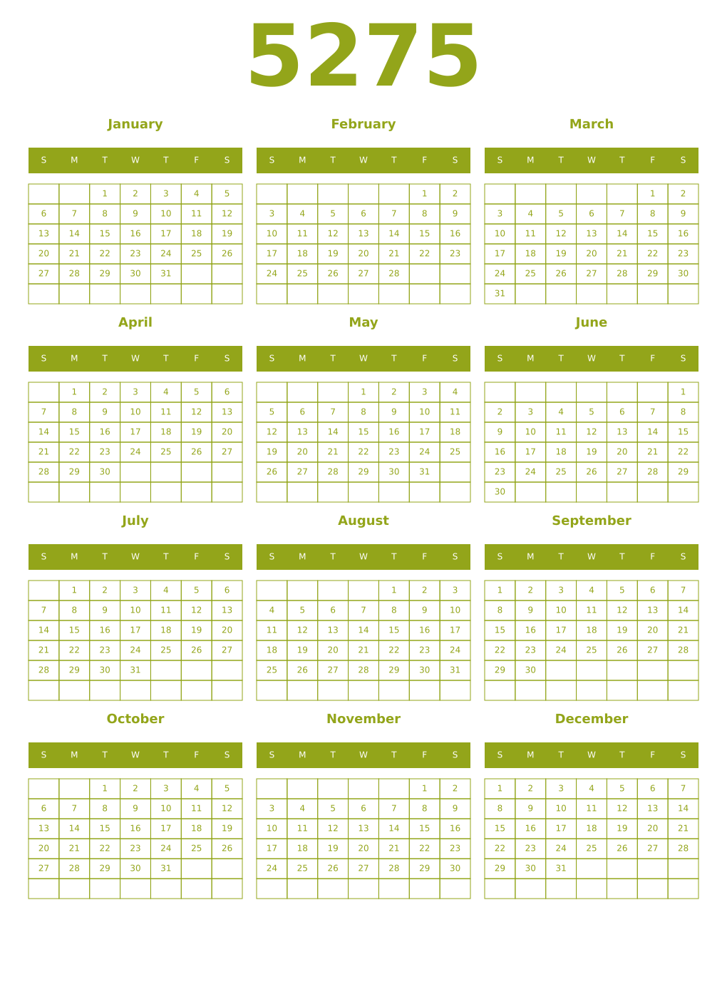 Printable 5275 Year Calendars chartreuse