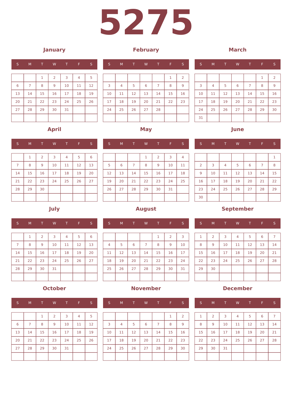Printable 5275 Year Calendars cordovan