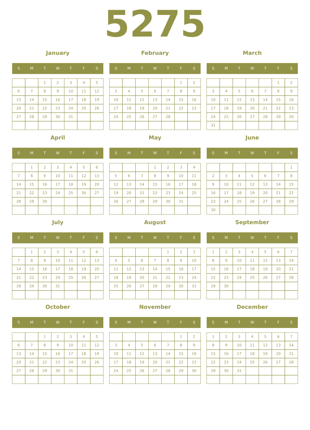 Printable 5275 Year Calendars eburnean