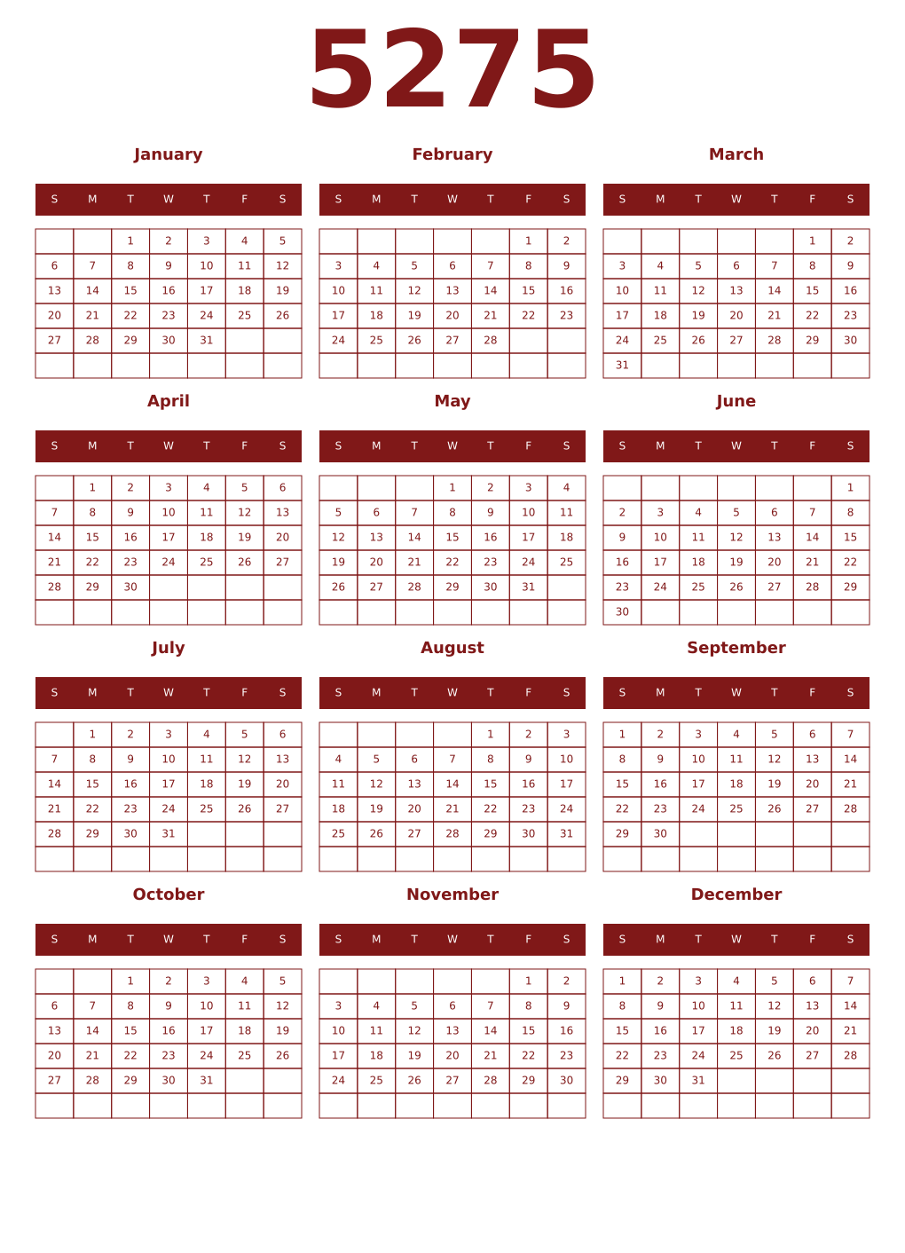 Printable 5275 Year Calendars falu