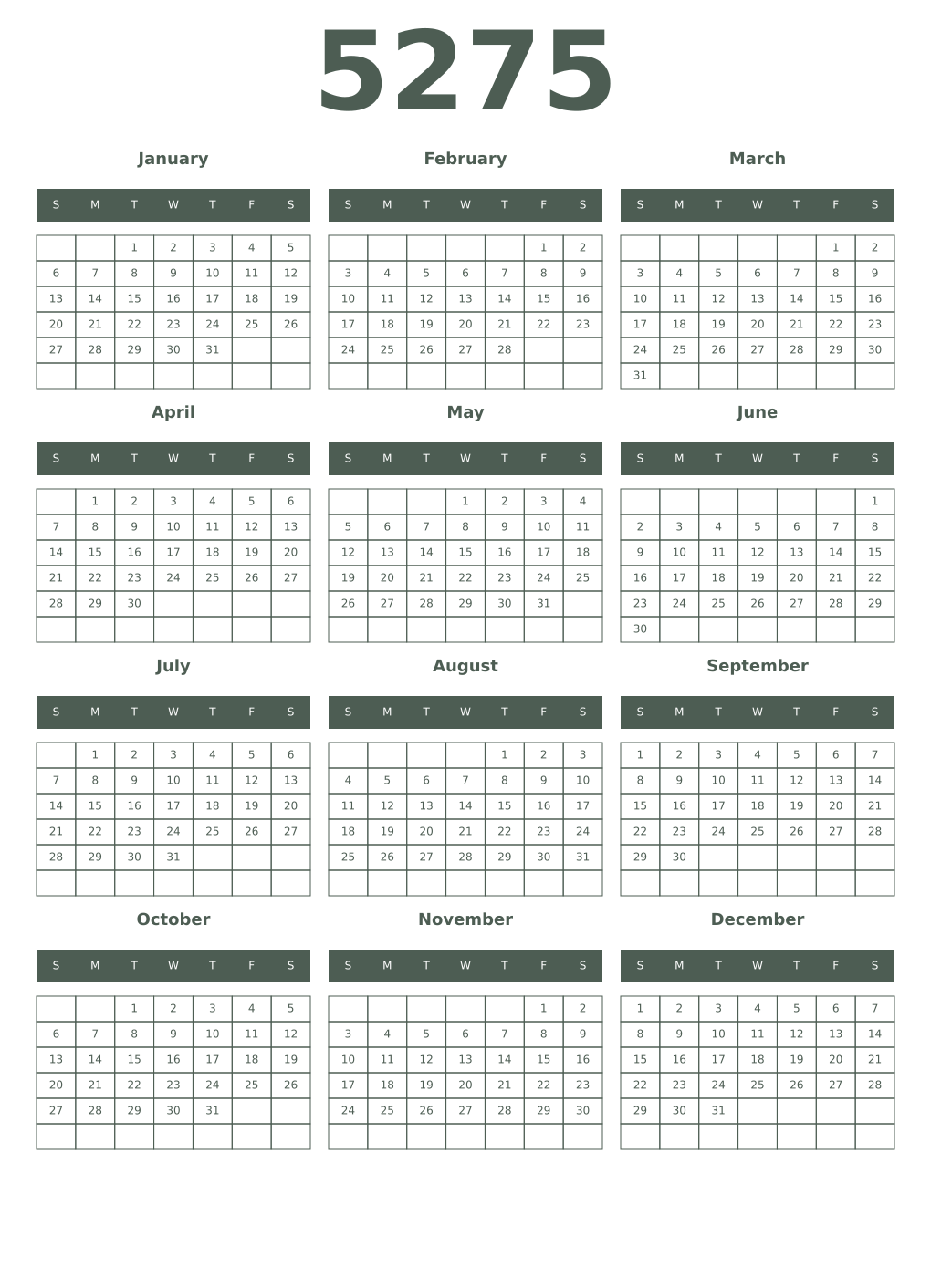 Printable 5275 Year Calendars feldgrau