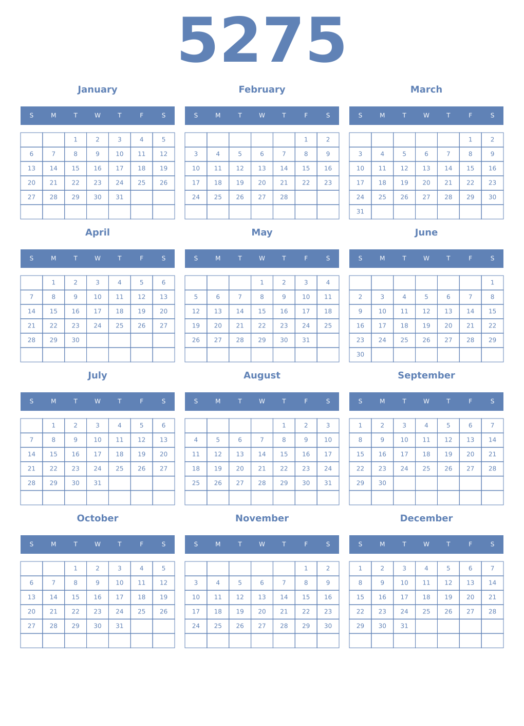 Printable 5275 Year Calendars glaucous