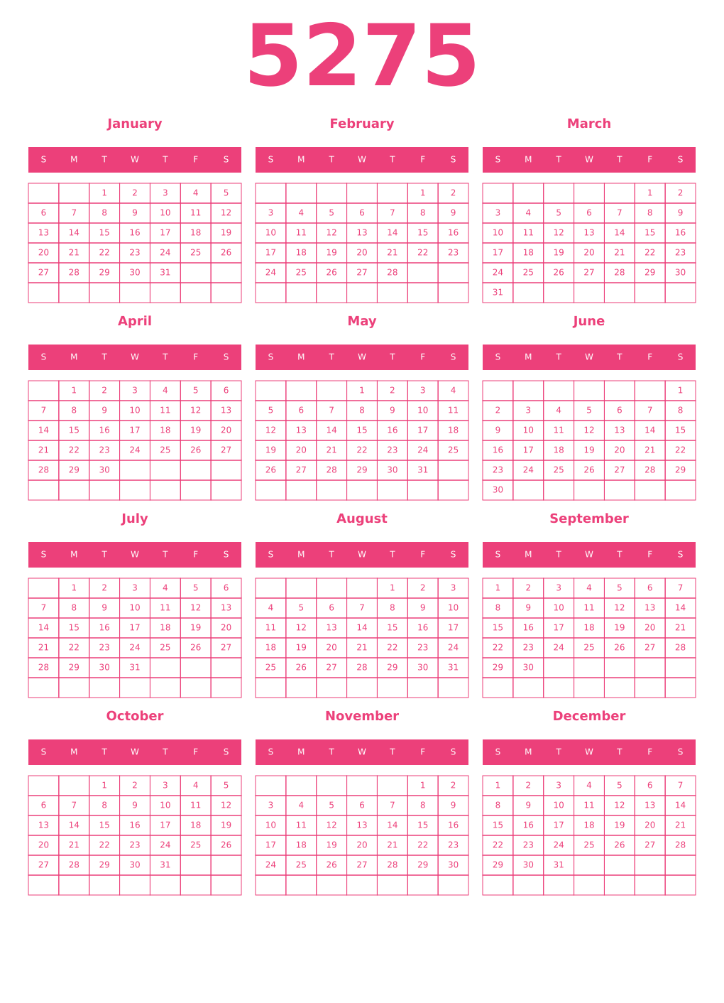 Printable 5275 Year Calendars pink