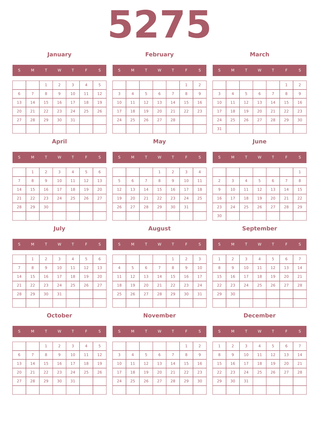 Printable 5275 Year Calendars puce