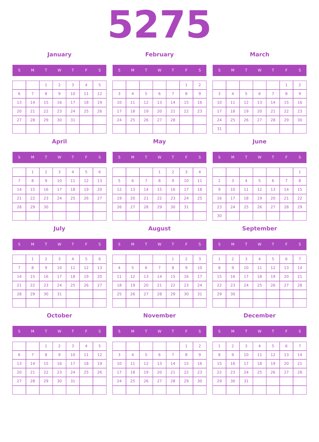 Printable 5275 Year Calendars purple