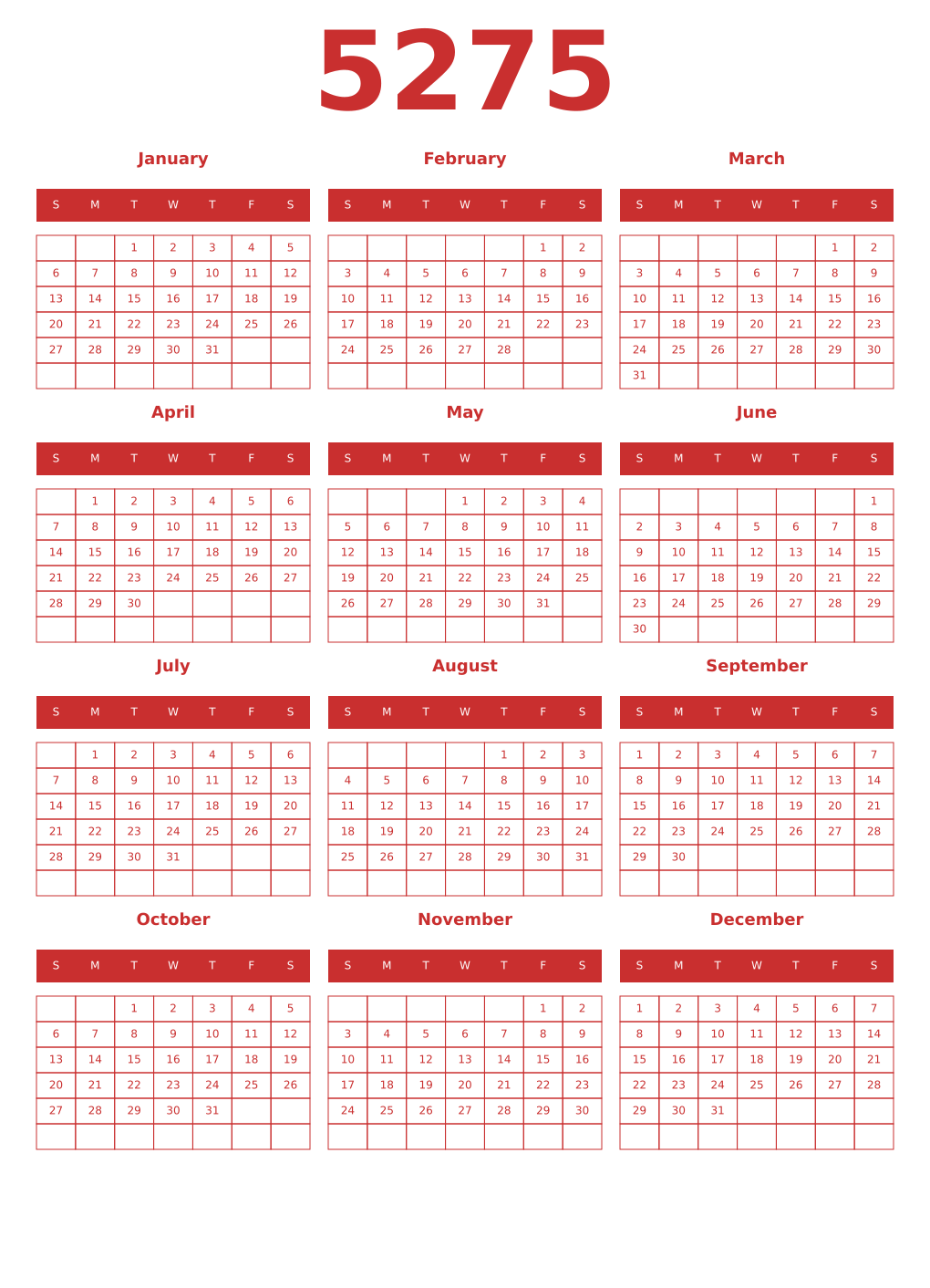 Printable 5275 Year Calendars red