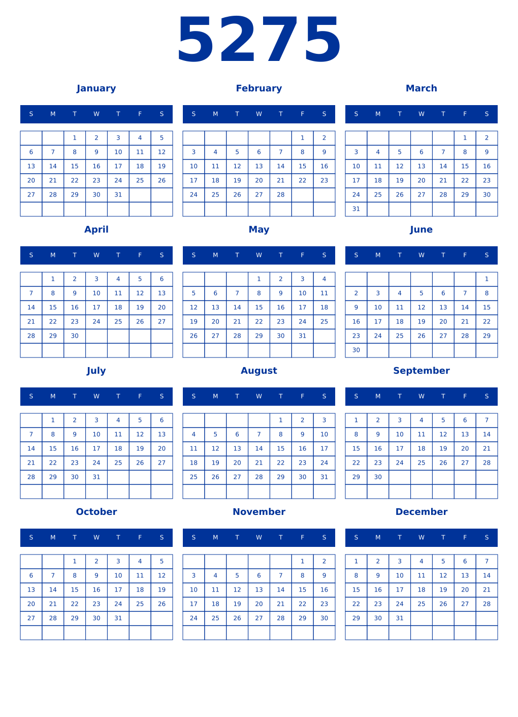 Printable 5275 Year Calendars smalt
