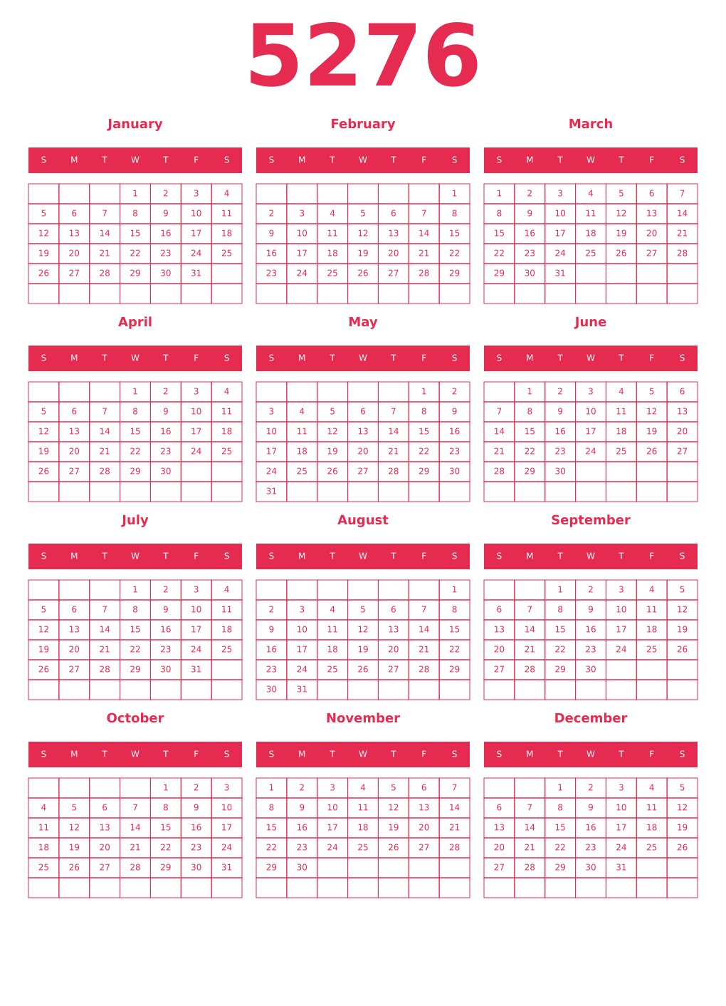 Printable 5276 Year Calendars amaranth