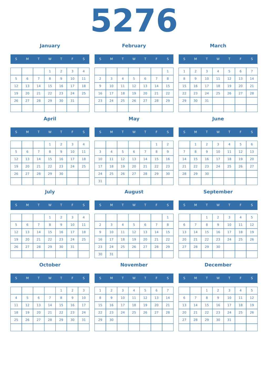 Printable 5276 Year Calendars blue