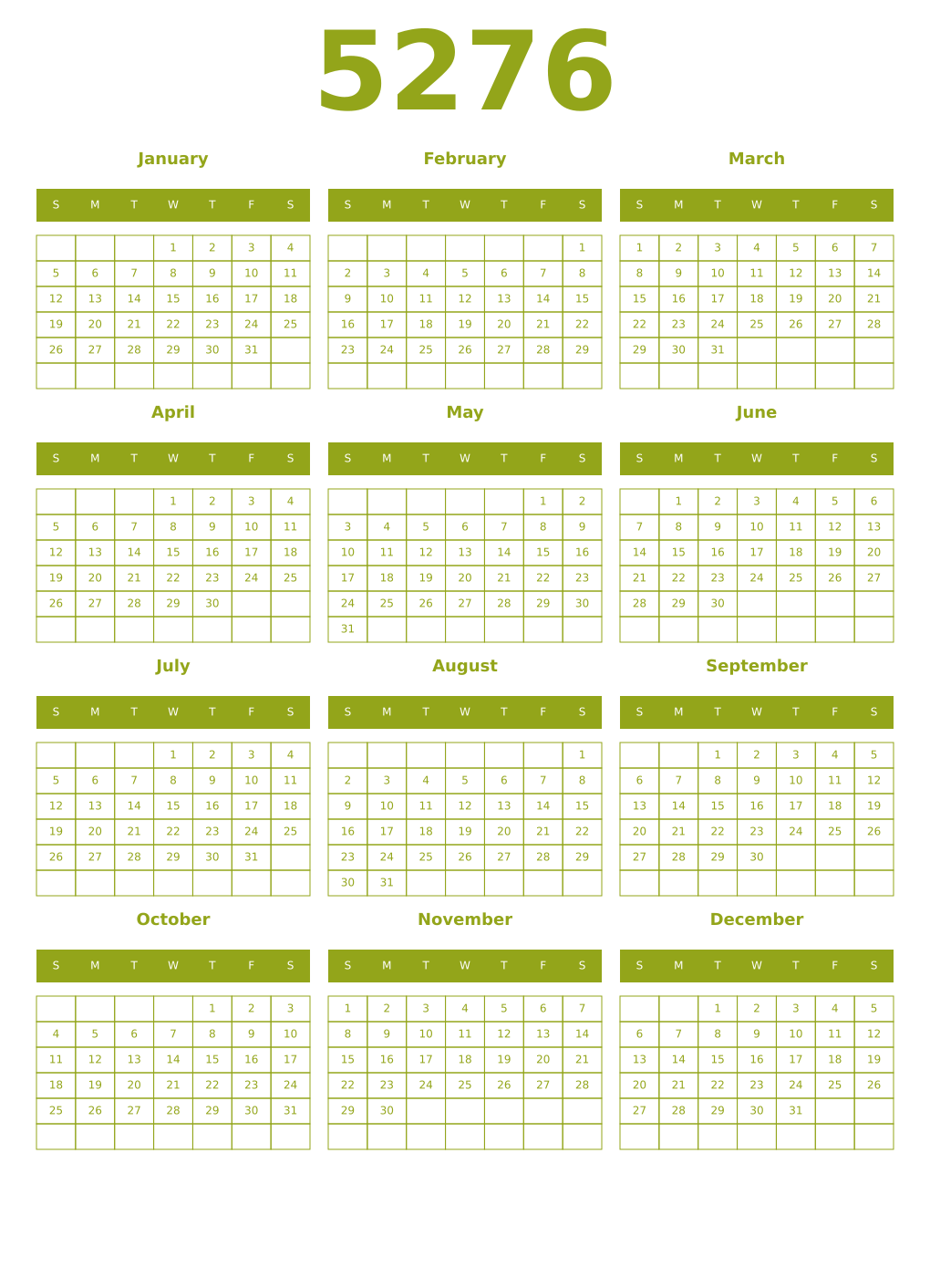 Printable 5276 Year Calendars chartreuse