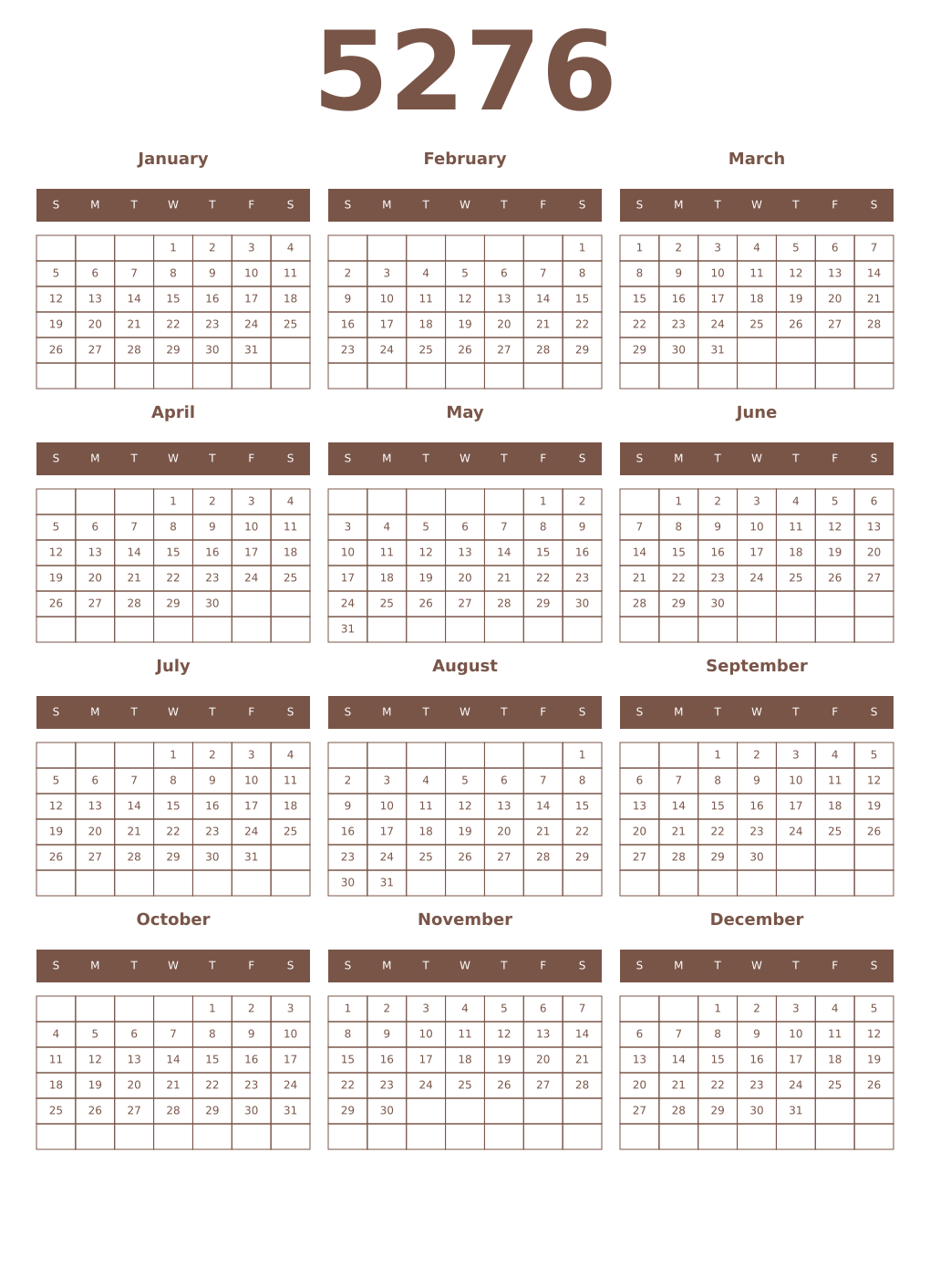 Printable 5276 Year Calendars coffe