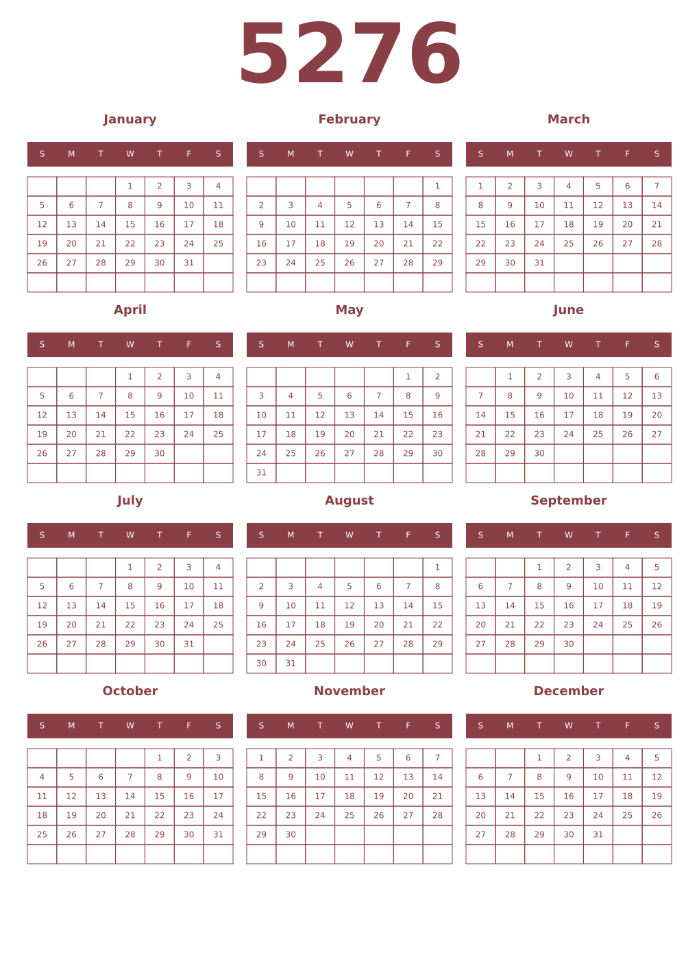 Printable 5276 Year Calendars cordovan