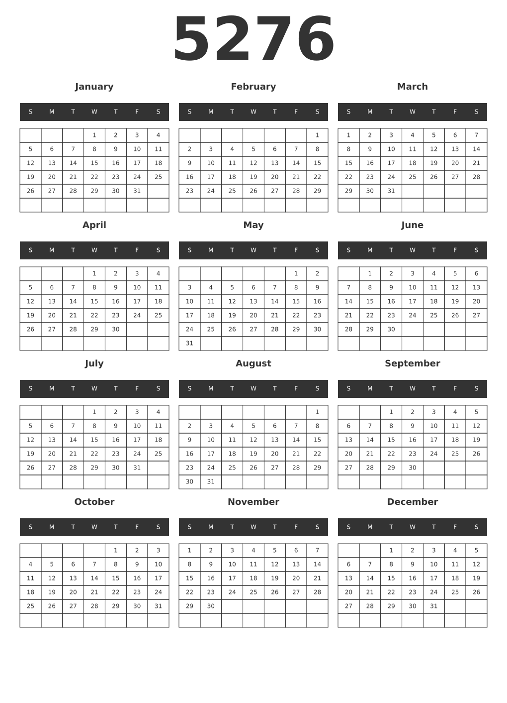 Printable 5276 Year Calendars dark