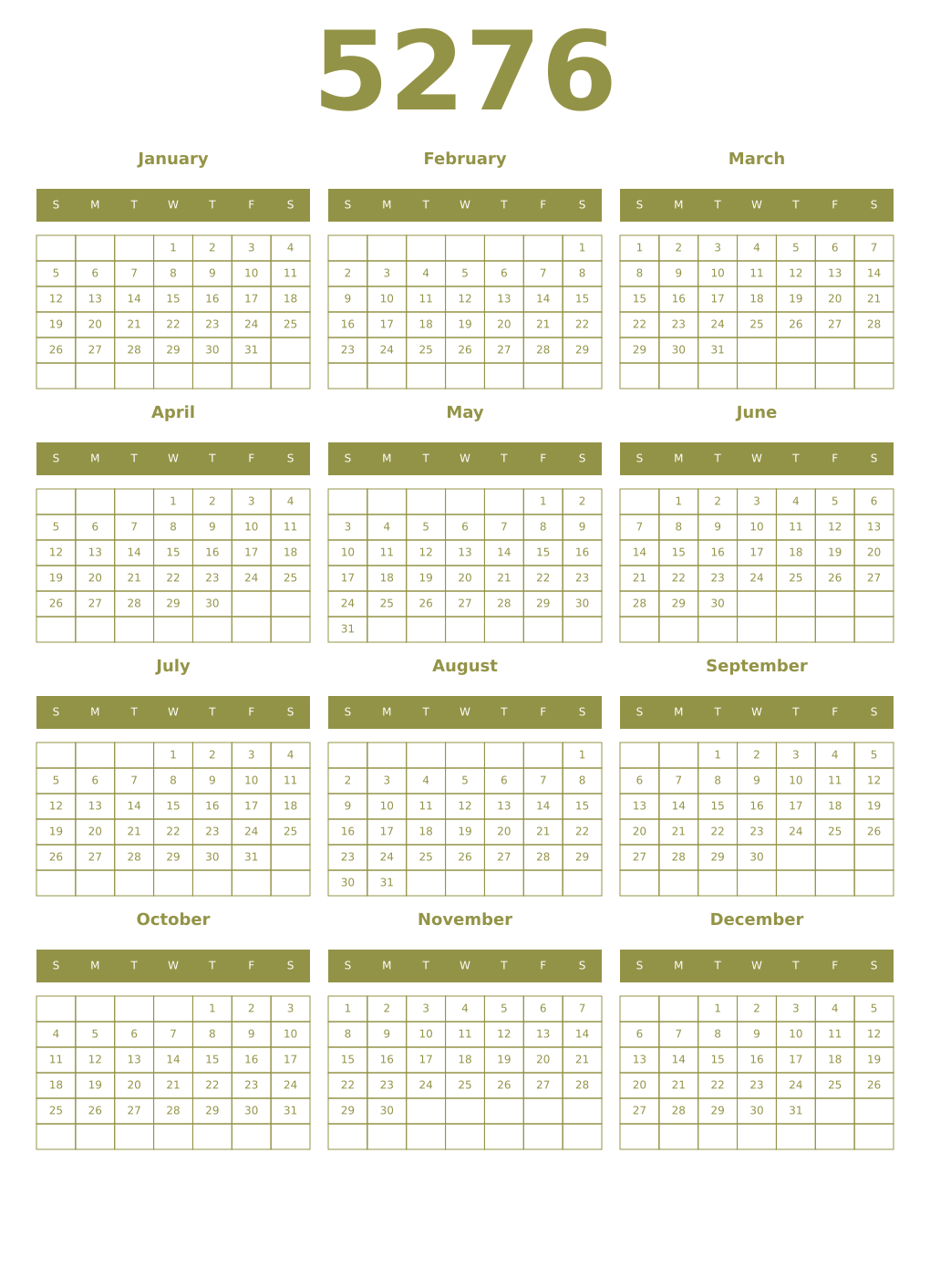 Printable 5276 Year Calendars eburnean