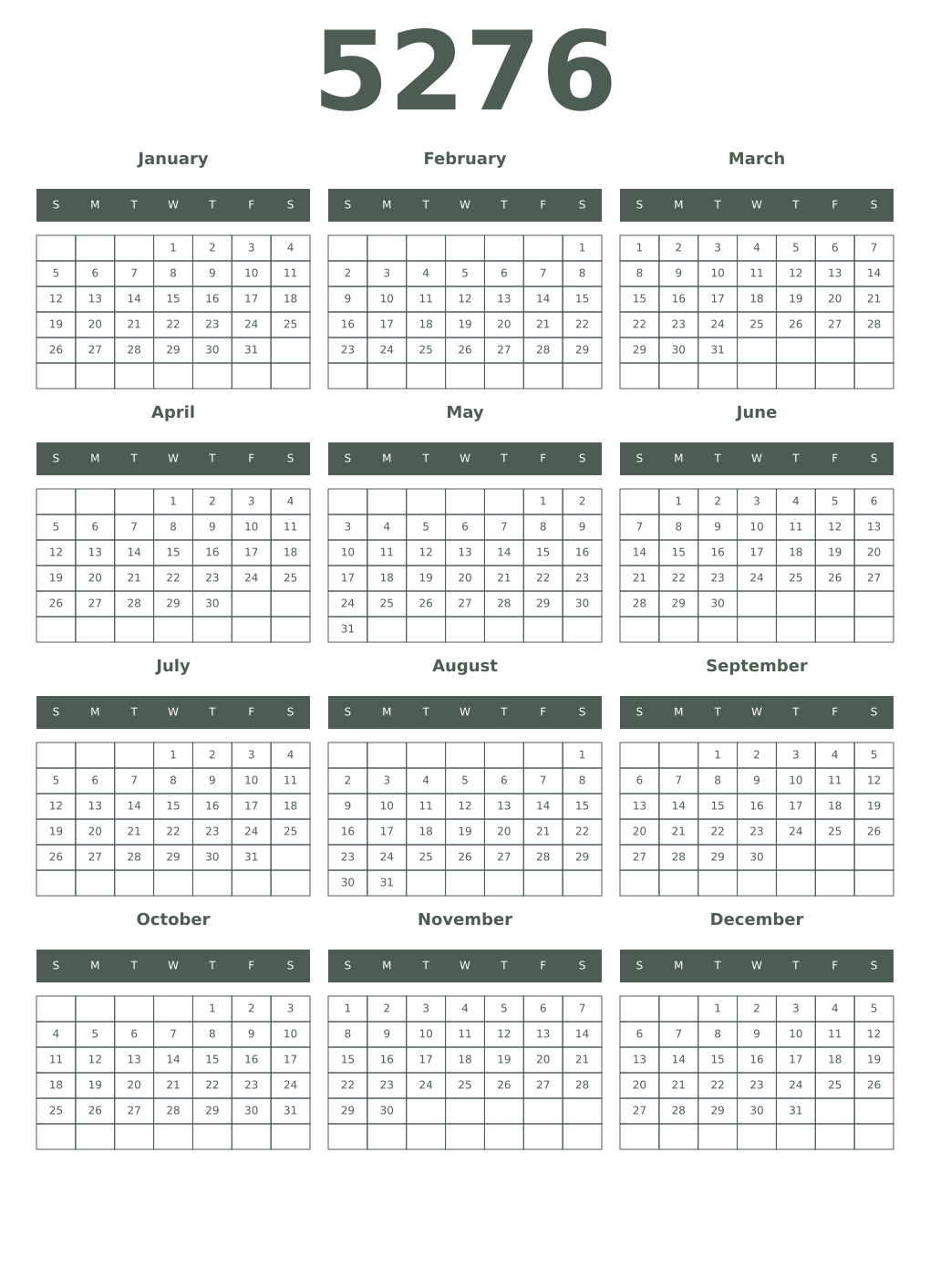 Printable 5276 Year Calendars feldgrau