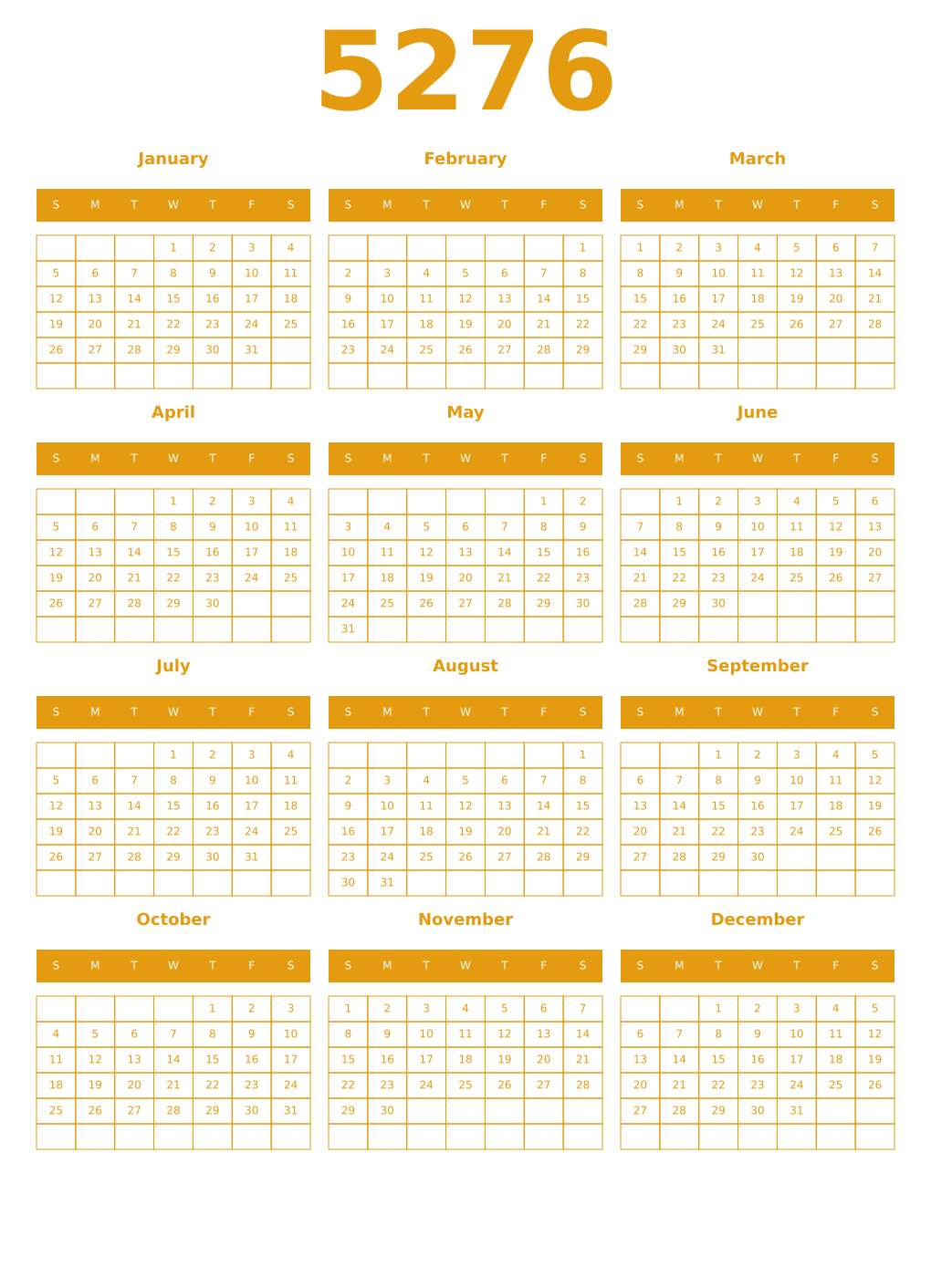 Printable 5276 Year Calendars gamboge