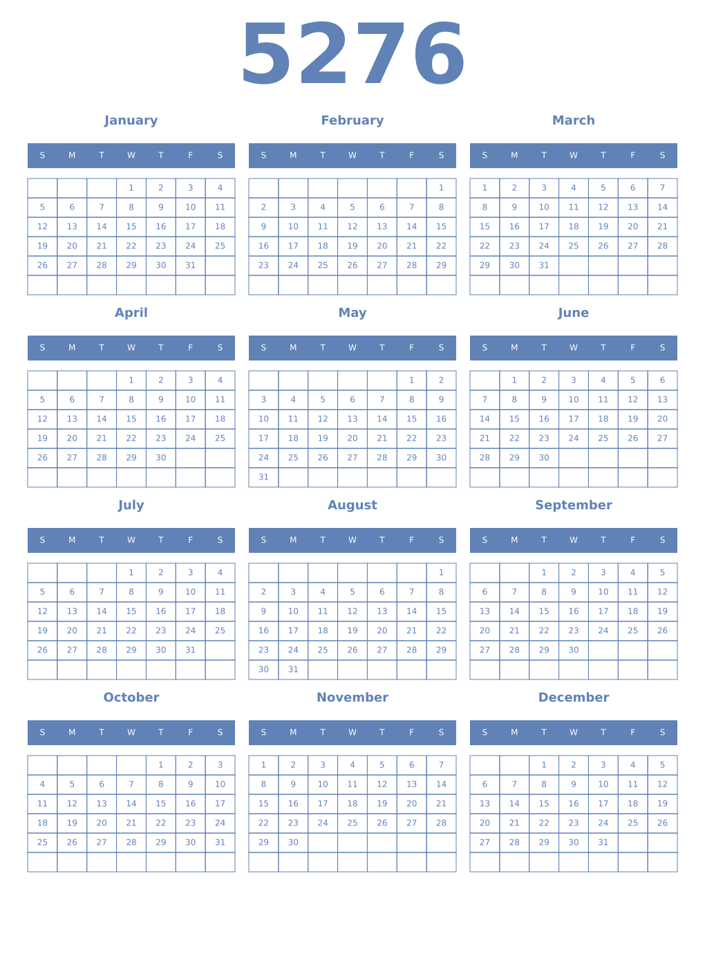 Printable 5276 Year Calendars glaucous