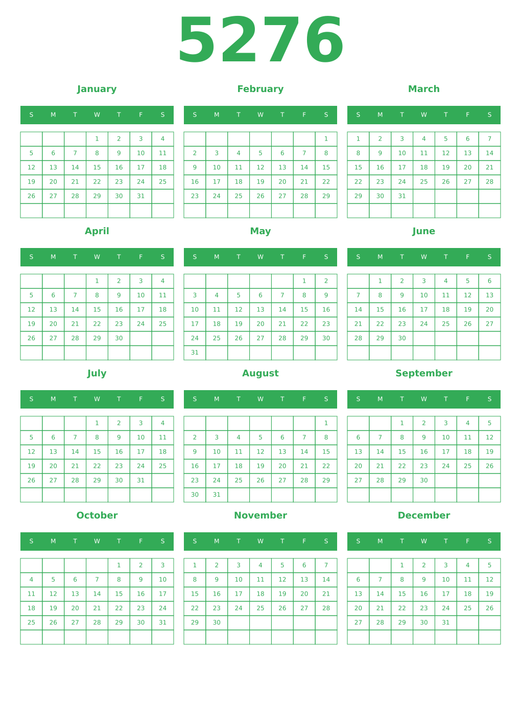 Printable 5276 Year Calendars green
