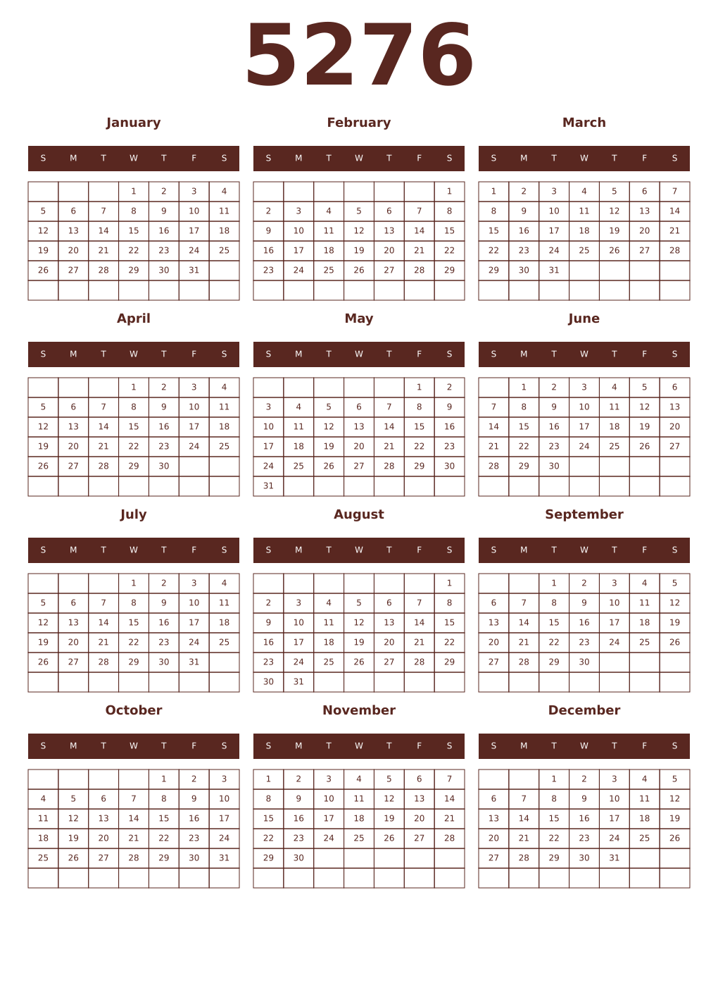 Printable 5276 Year Calendars mortuum