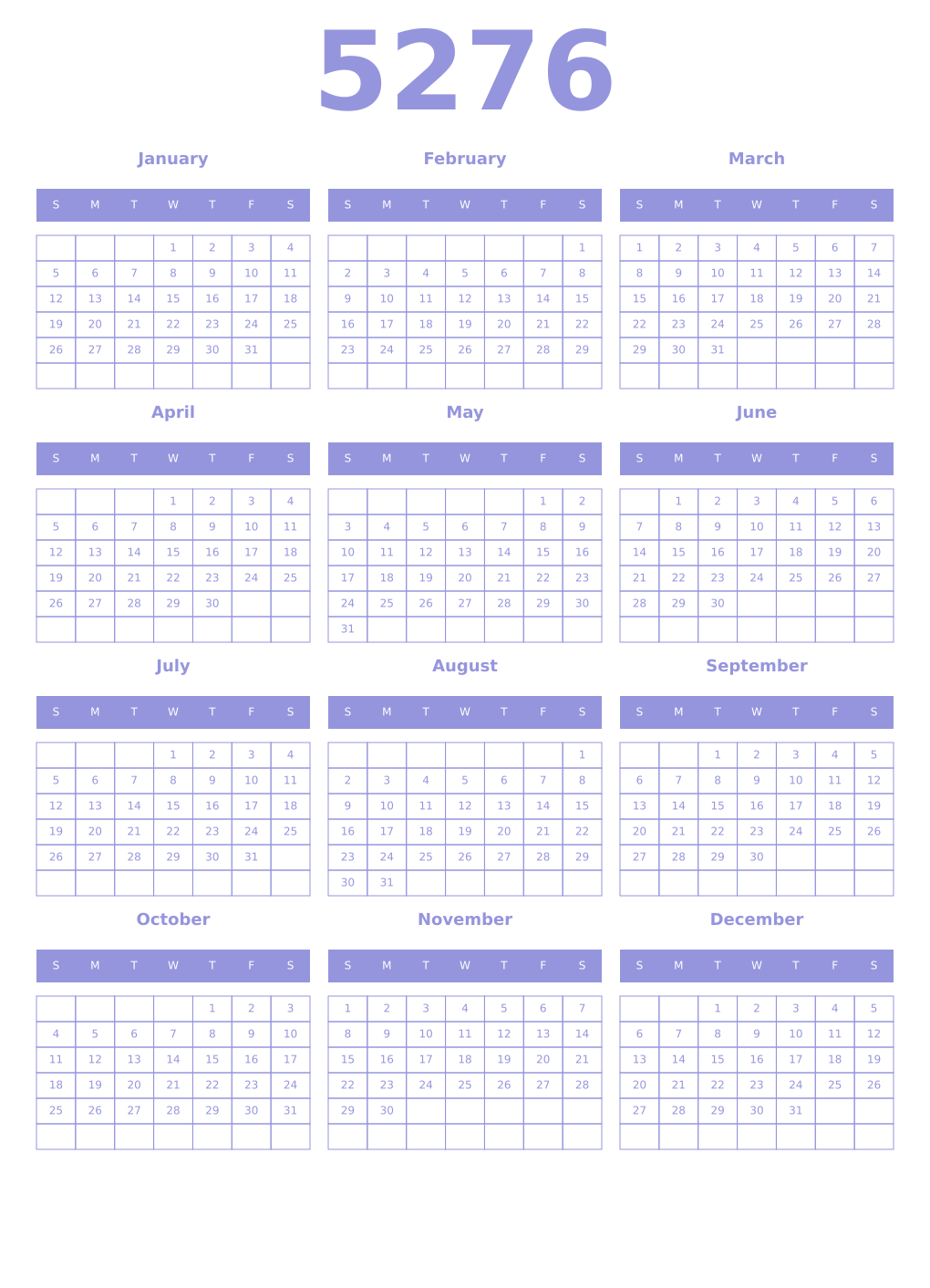 Printable 5276 Year Calendars periwinkle