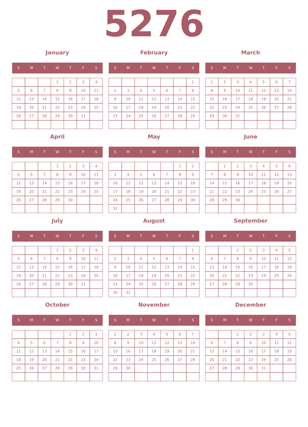 Printable 5276 Year Calendars puce