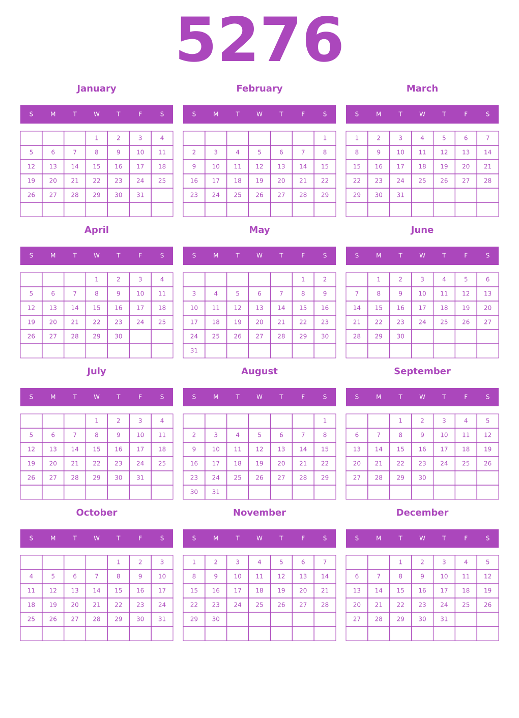 Printable 5276 Year Calendars purple