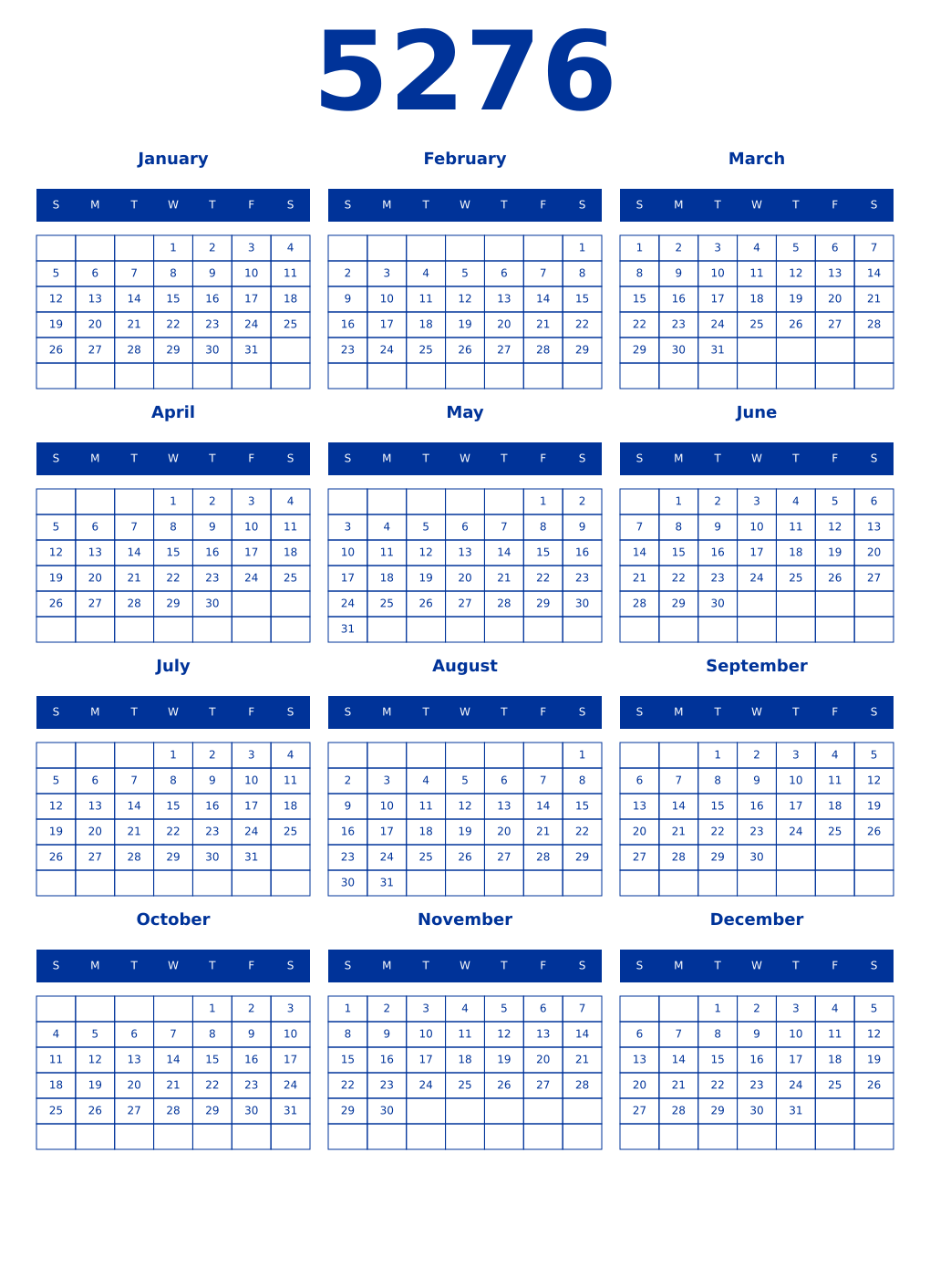 Printable 5276 Year Calendars smalt