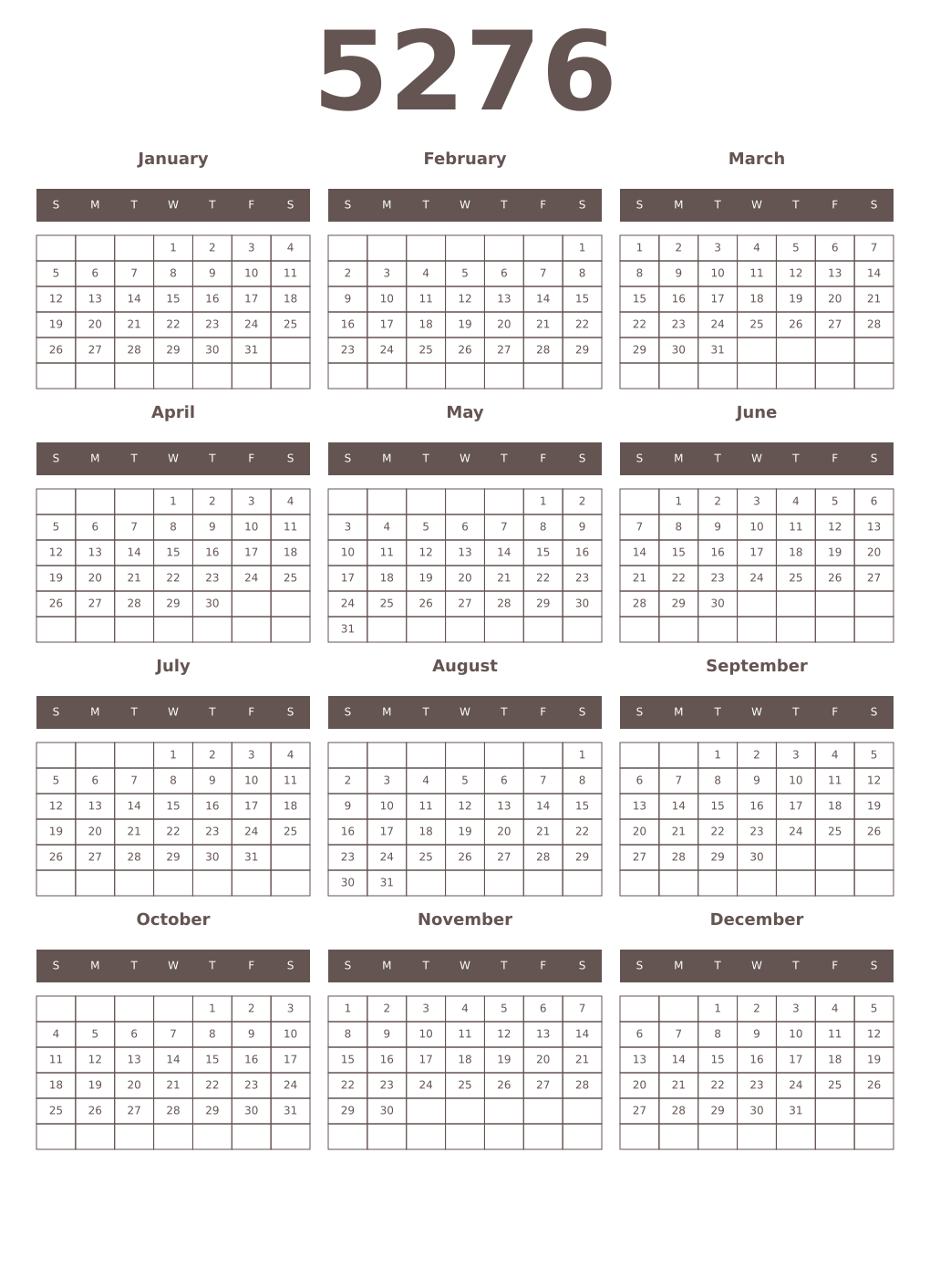 Printable 5276 Year Calendars wenge