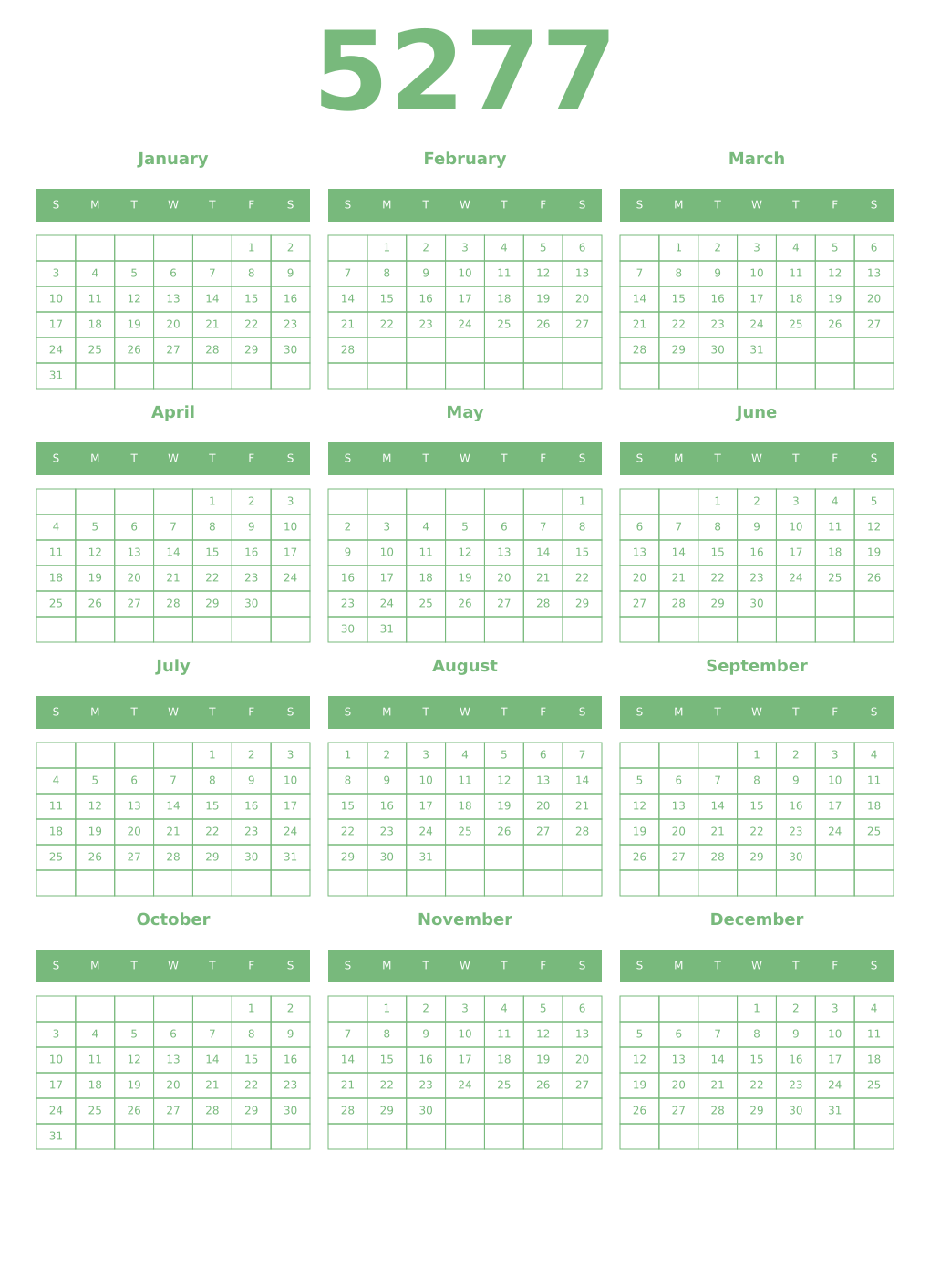 Printable 5277 Year Calendars celadon