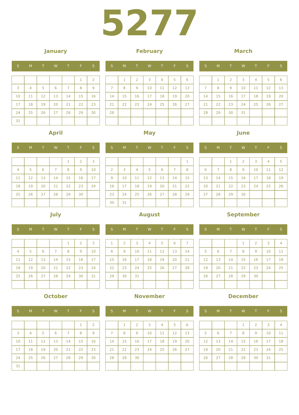 Printable 5277 Year Calendars eburnean