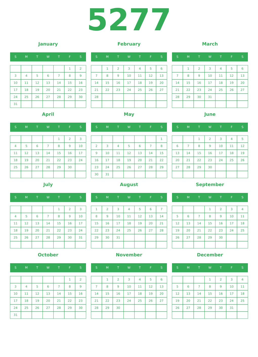 Printable 5277 Year Calendars green
