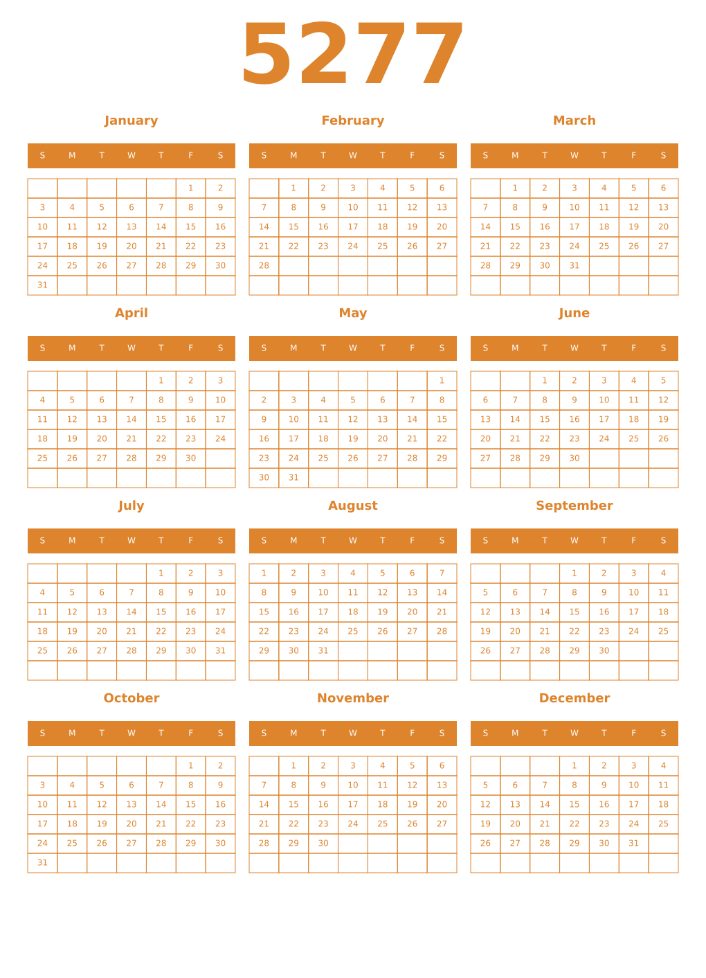 Printable 5277 Year Calendars orange