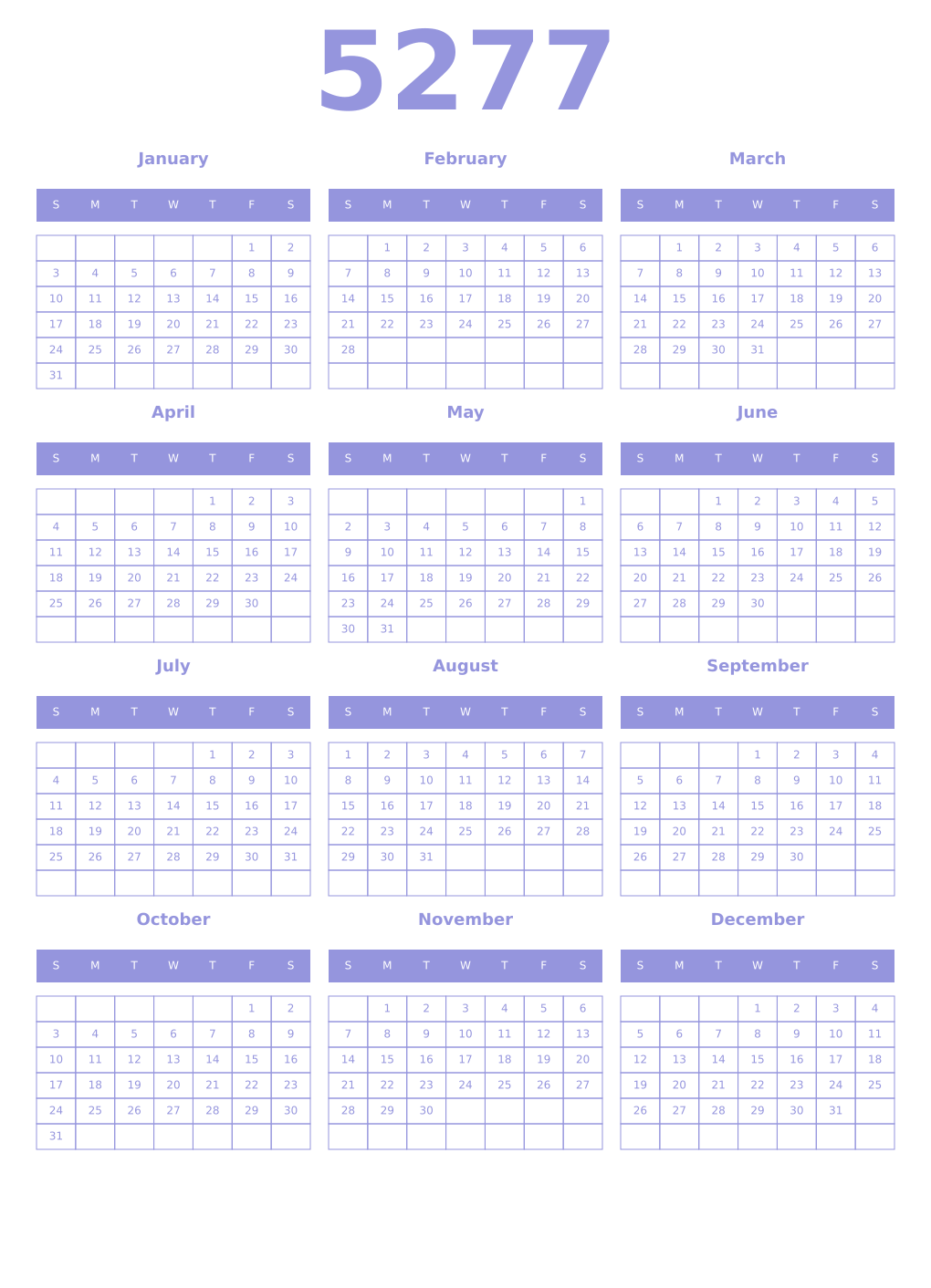 Printable 5277 Year Calendars periwinkle