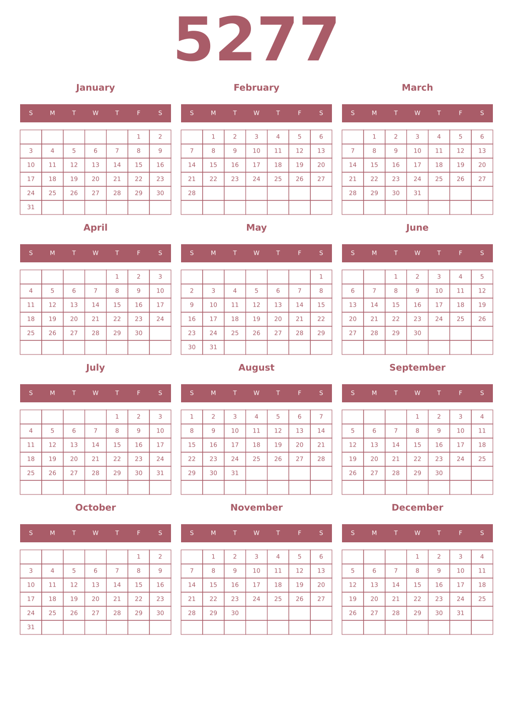 Printable 5277 Year Calendars puce