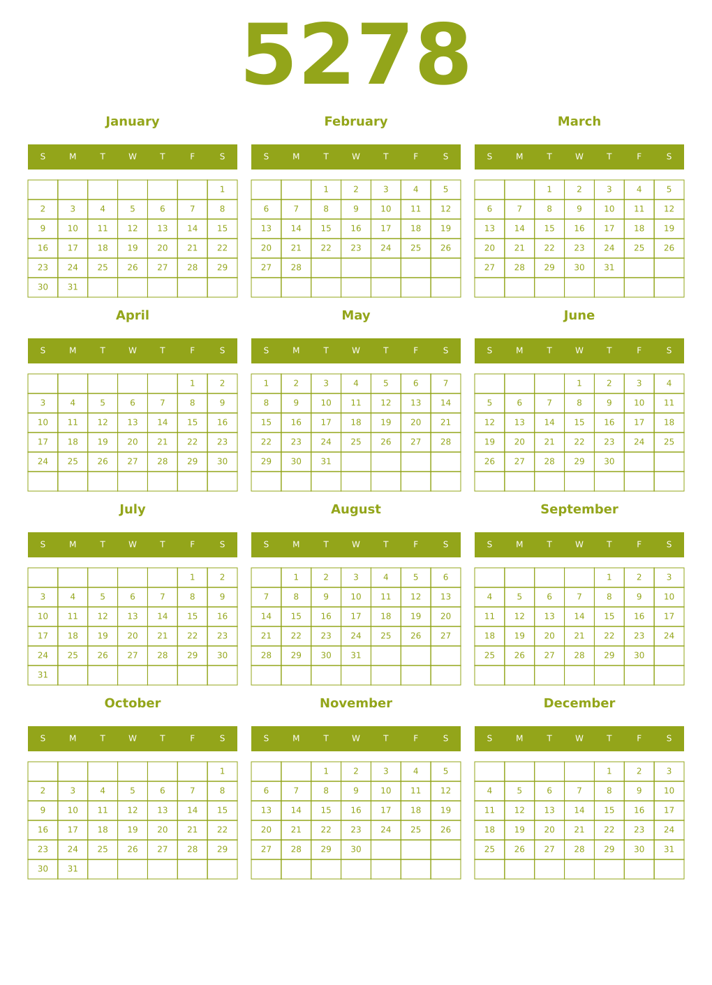 Printable 5278 Year Calendars chartreuse