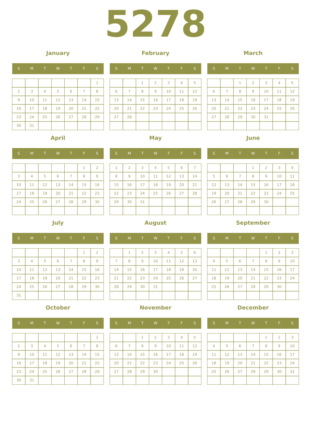 Printable 5278 Year Calendars eburnean
