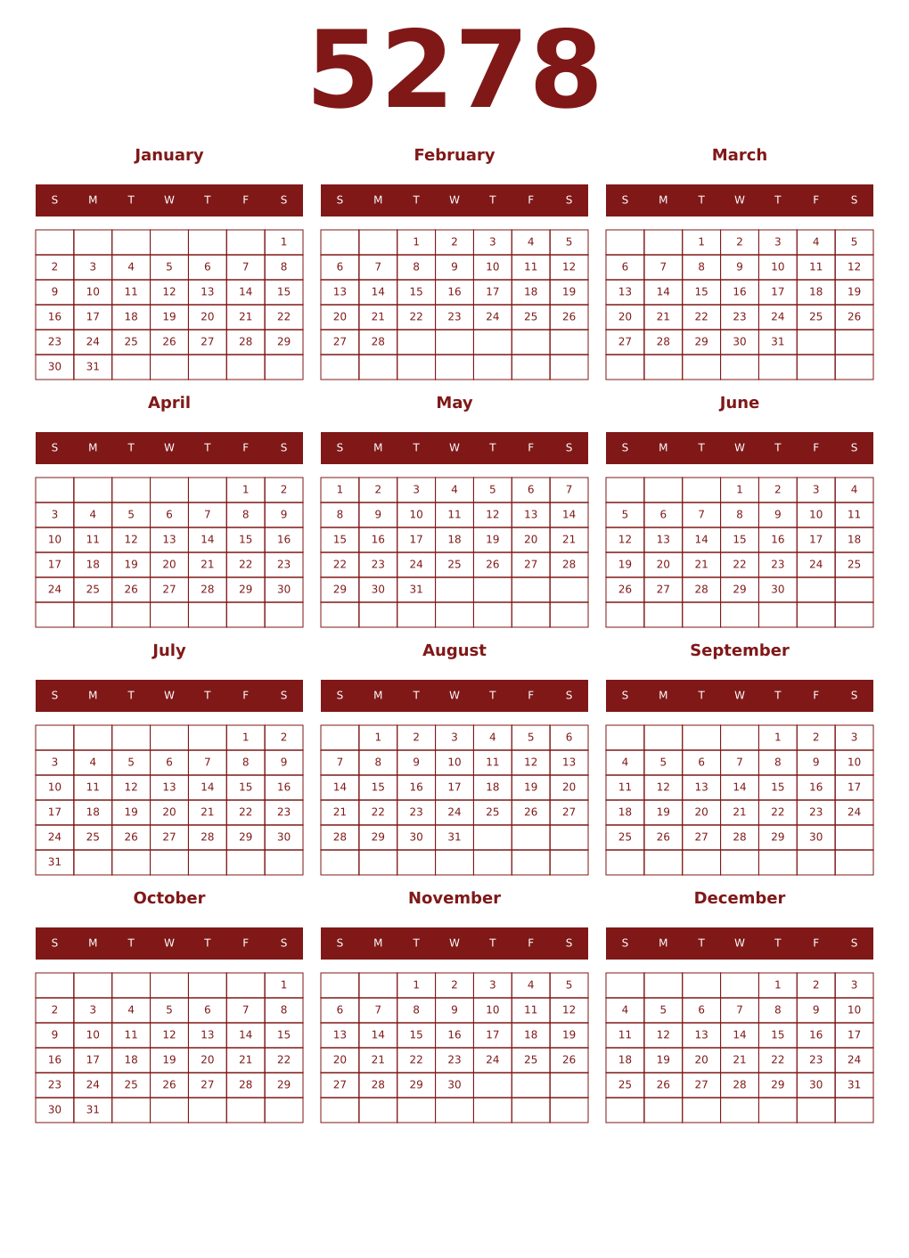 Printable 5278 Year Calendars falu
