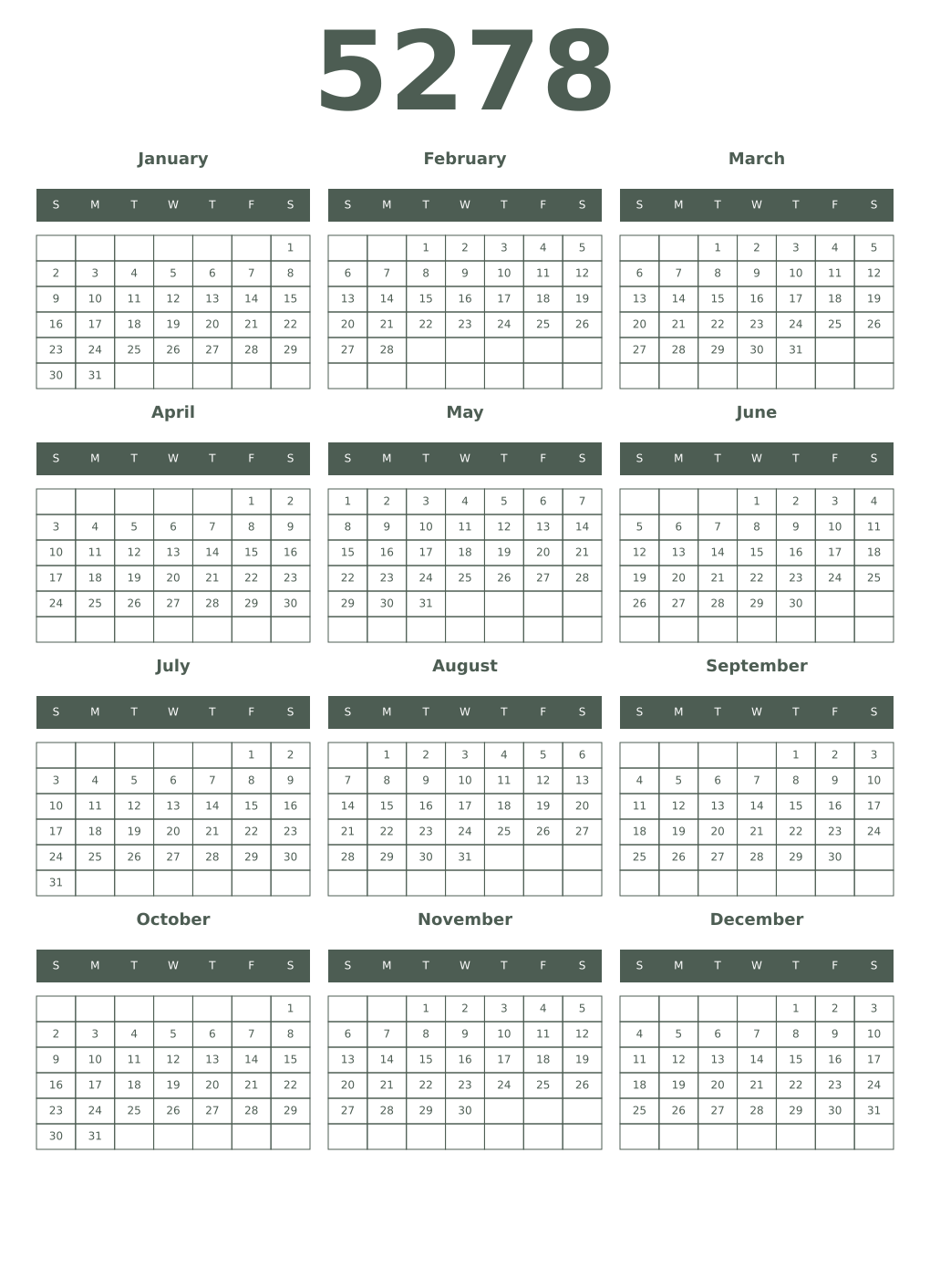 Printable 5278 Year Calendars feldgrau