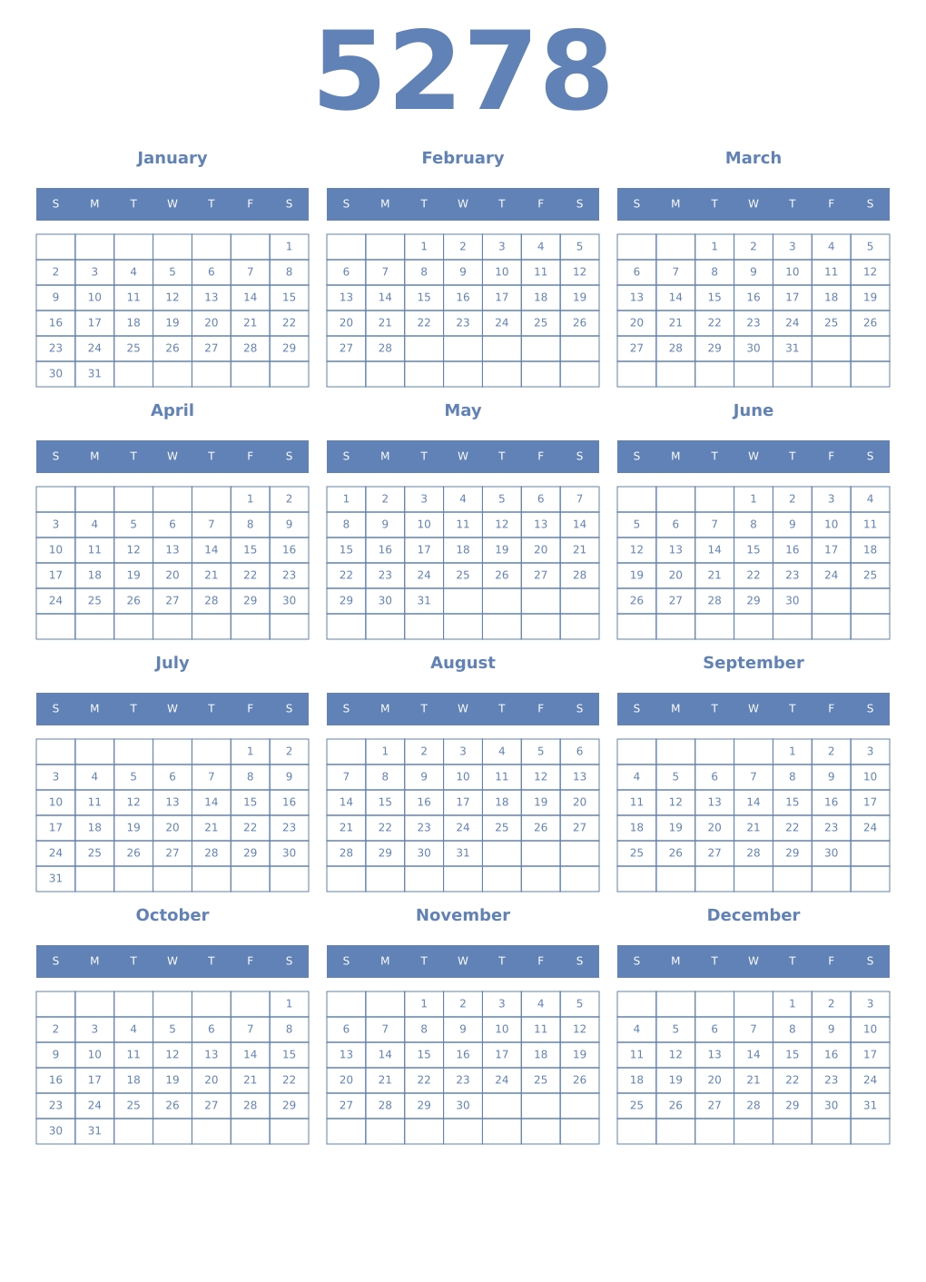 Printable 5278 Year Calendars glaucous