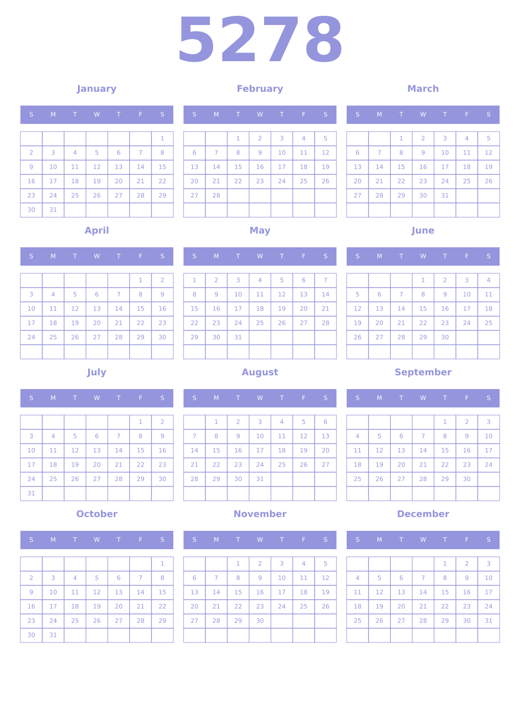 Printable 5278 Year Calendars periwinkle